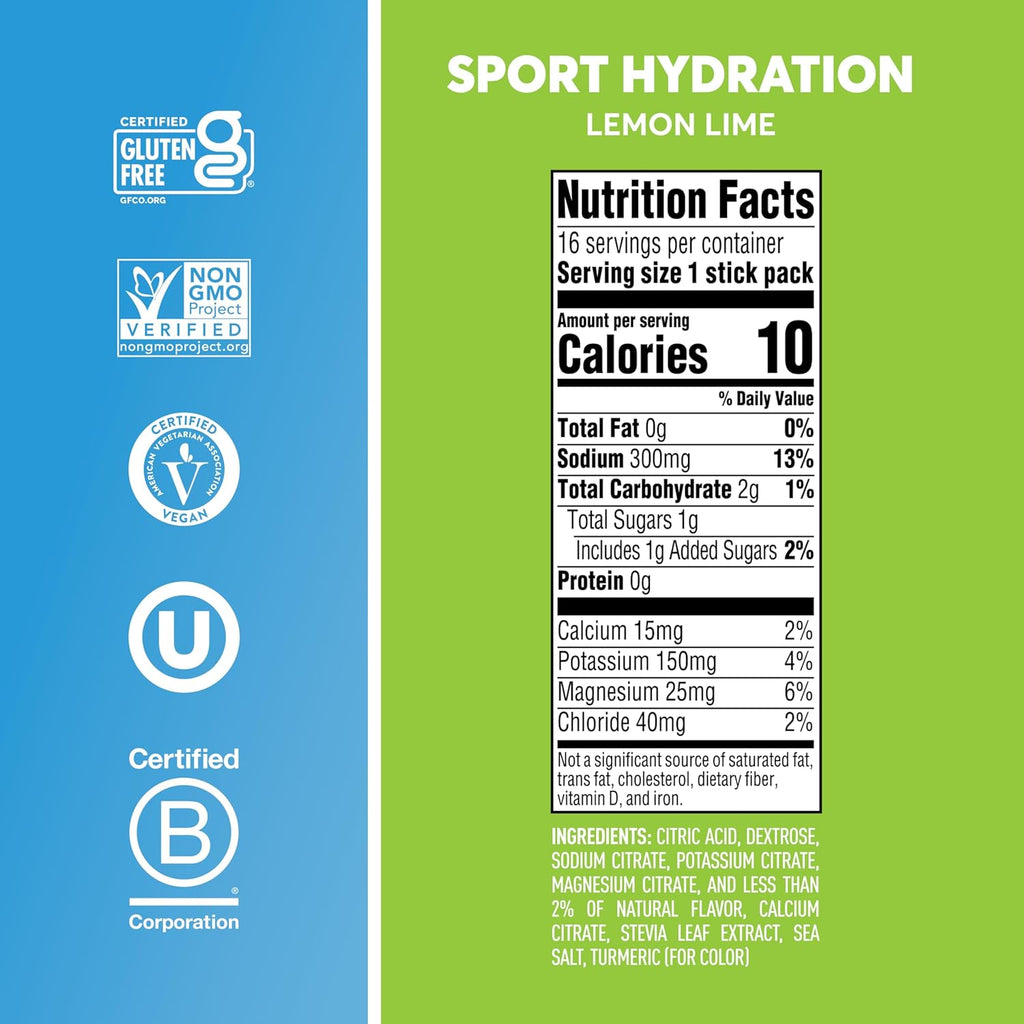 Nuun Sport Electrolyte Powder Packets with Magnesium, Calcium, Potassium, Chloride, and Sodium, Hydration Packets for On-The-Go, Lemon Lime Flavor, Gluten Free & Vegan, 16 Single Servings