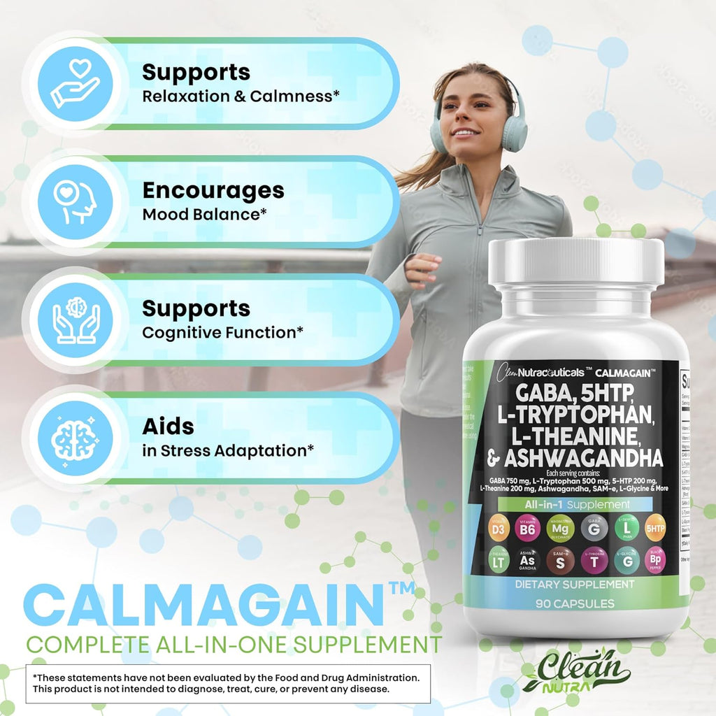 Clean Nutraceuticals GABA 750mg 5 HTP 200mg L Tryptophan 500mg L Theanine 200mg Ashwagandha SAM-e L-Glycine - Mood Support Vitamins for Women and Men with L-Tyrosine (90 Count (Pack of 3))