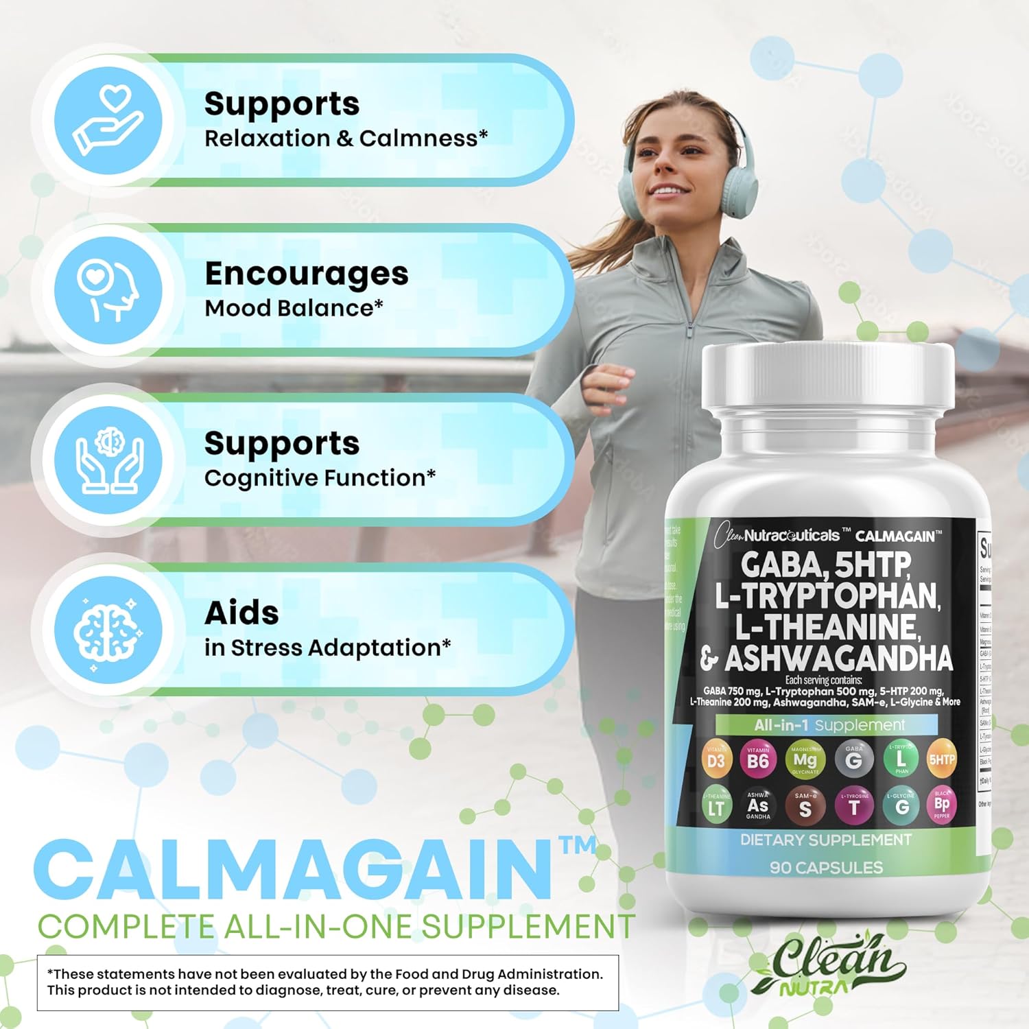 Clean Nutraceuticals GABA 750mg 5 HTP 200mg L Tryptophan 500mg L Theanine 200mg Ashwagandha SAM-e L-Glycine - Mood Support Vitamins for Women and Men with L-Tyrosine (90 Count (Pack of 3))