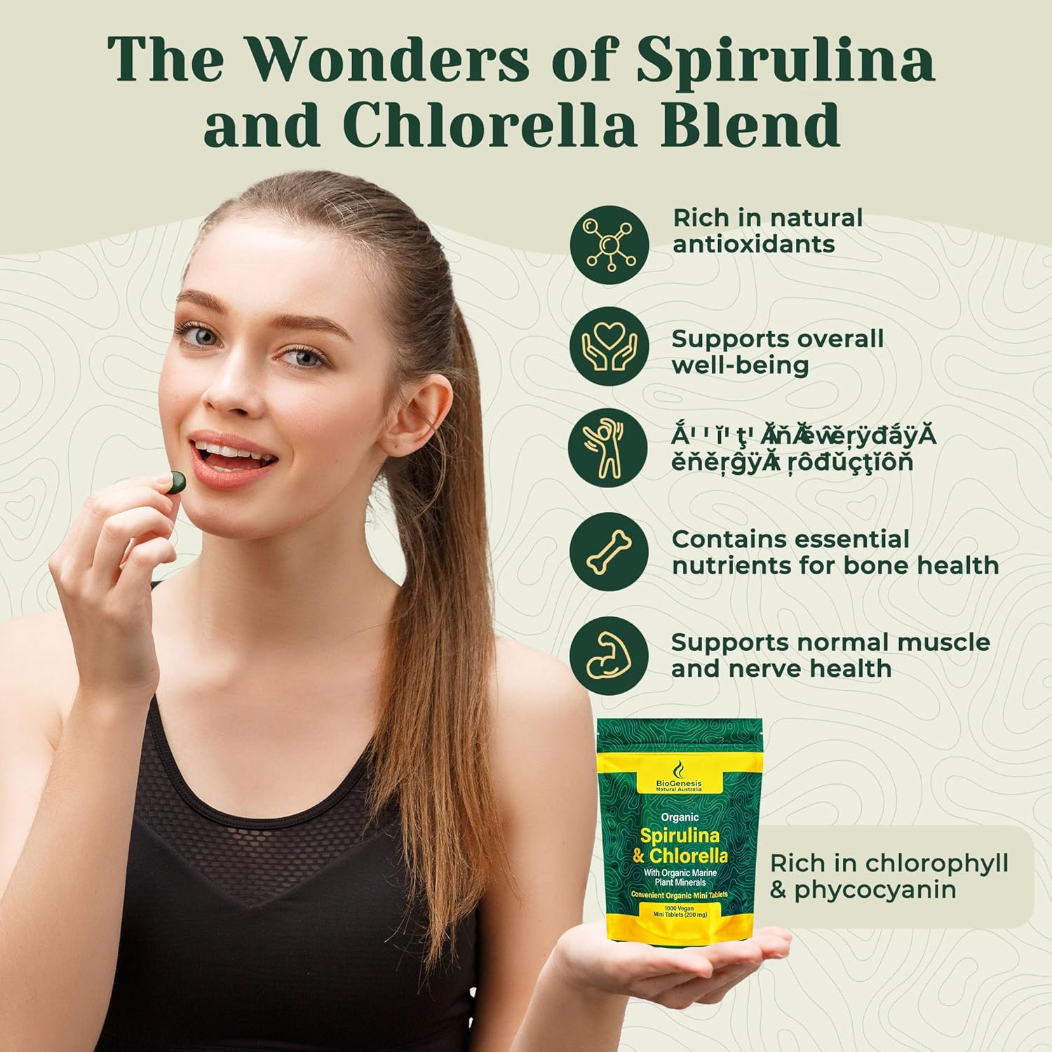 Biogenesis Organic Spirulina, Chlorella & Marine Plant Minerals - 1000 Count (200 mg) | Australian Grown Algae Superfood | Support Energy & Immunity | Vegan Mini Tablets
