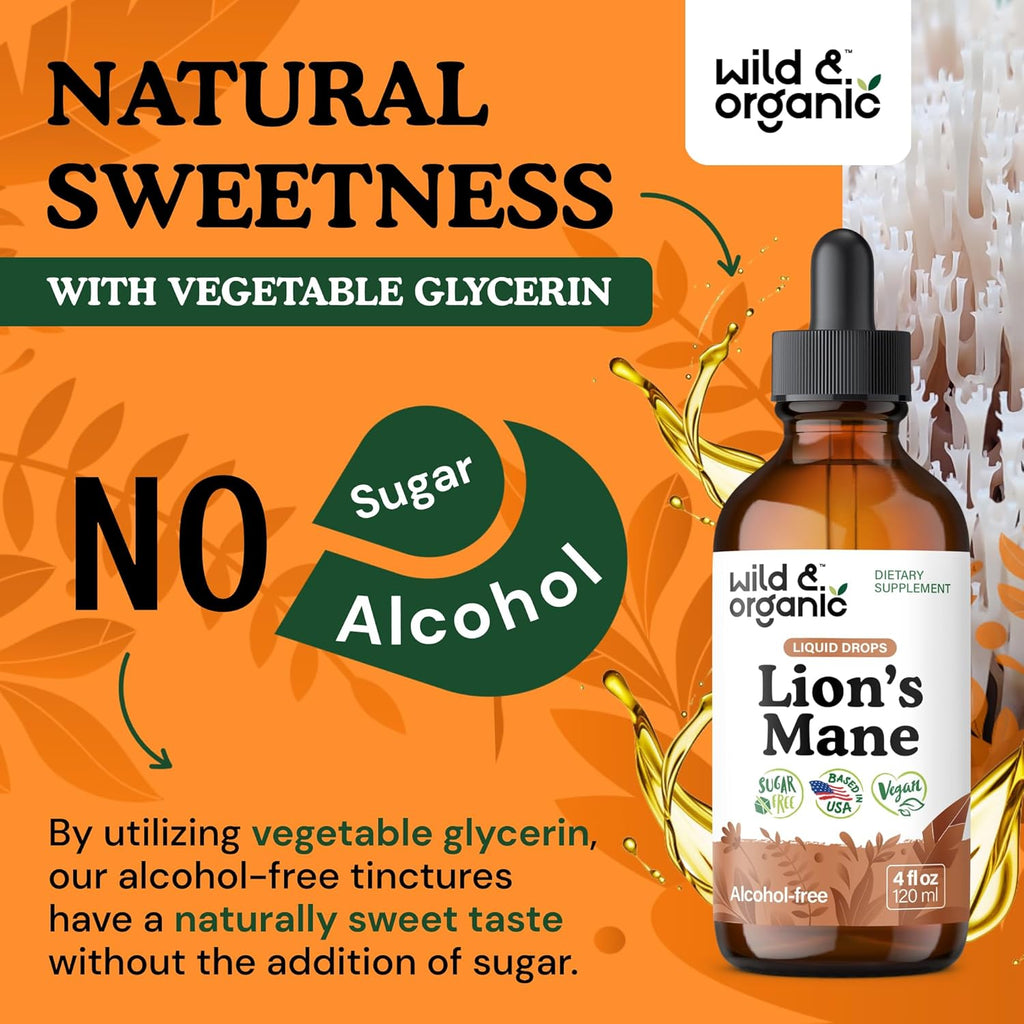 Wild & Organic Lions Mane Liquid Drops - Brain & Focus Support - Lion's Mane Mushroom Supplement - Hericium Erinaceus Mushroom Drops - Vegan, Sugar & Alcohol-Free Extract Tincture - 4 fl oz