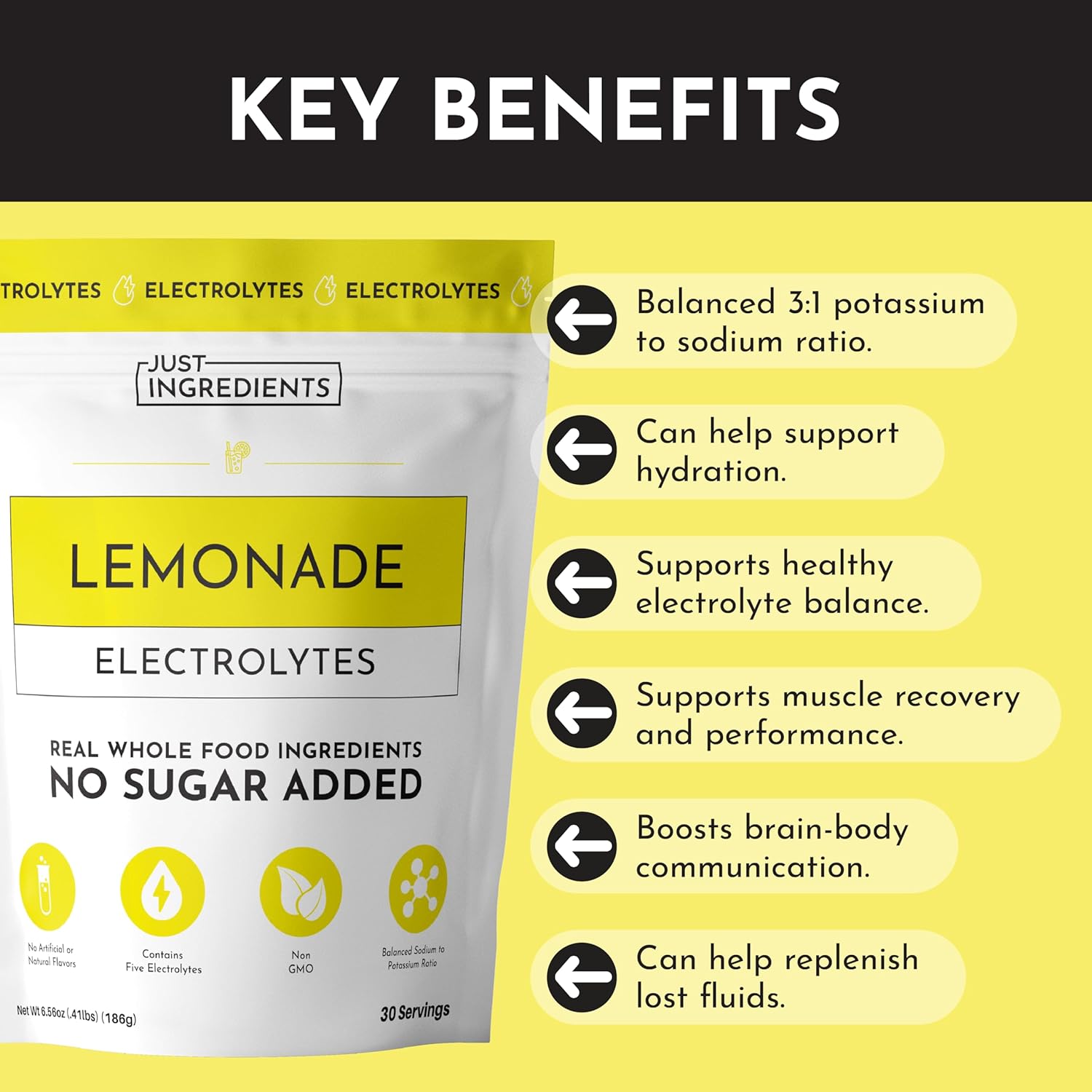 JUST INGREDIENTS Lemonade Electrolytes Drink Mix - Coconut Water, Sea Salt, Trace Minerals - 30 Servings