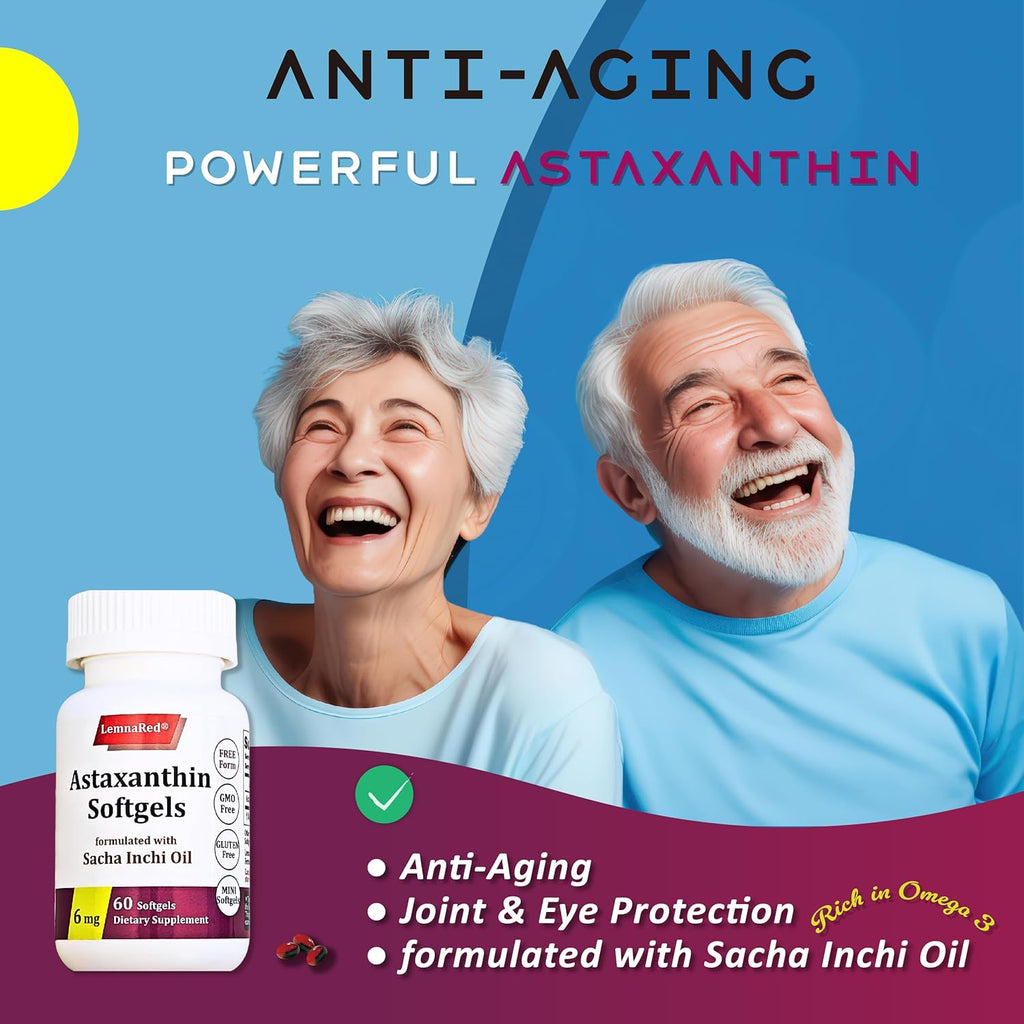 Free-Form Astaxanthin 6mg Softgel-60 Softgels Dietary Supplement Strongest Antioxidant Immune Supports Supports Eye,Joint & Skin Health Formulated with Sacha Inchi Oil