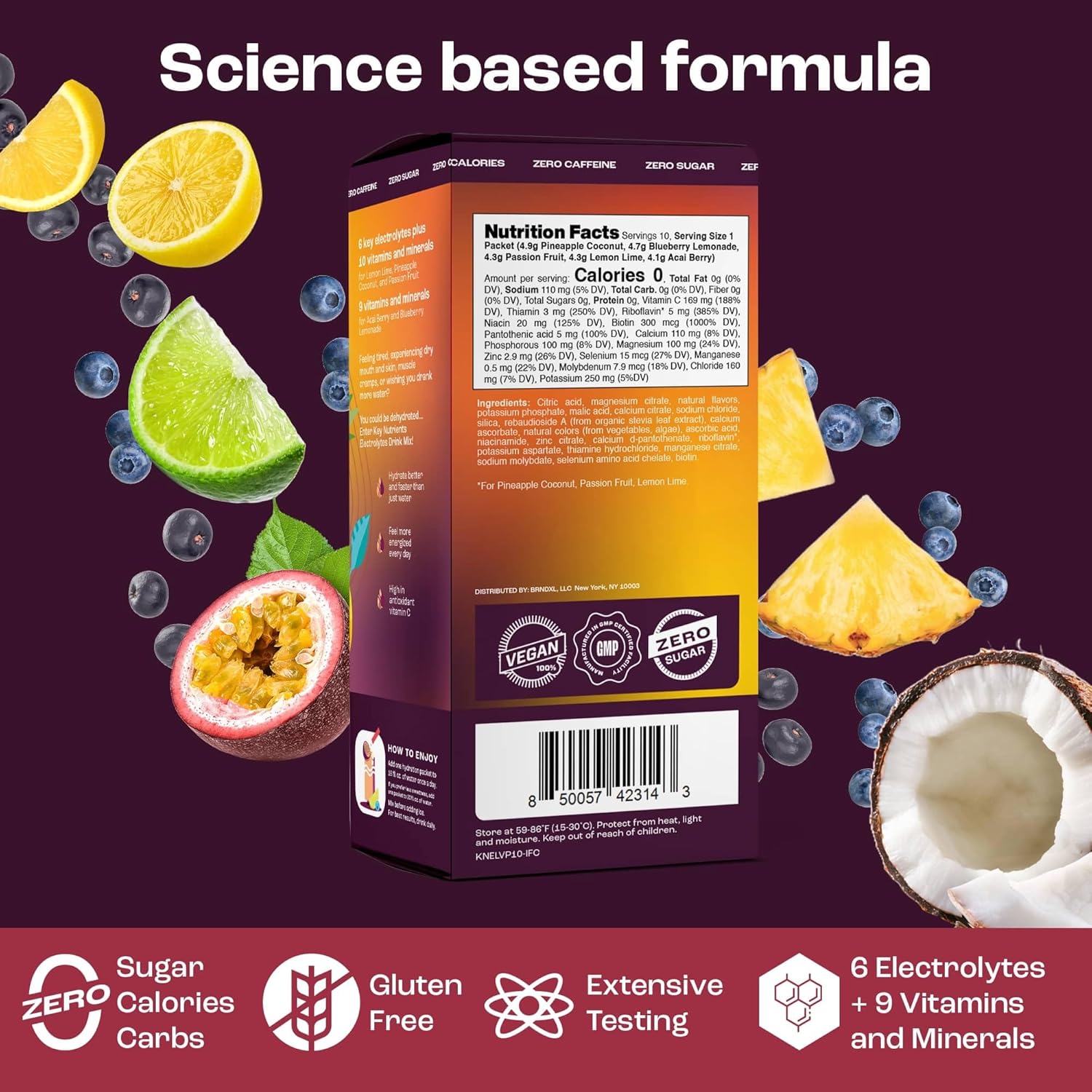 KEY NUTRIENTS Hydration Packets - 5 Delicious Flavors in Electrolytes Powder Packets No Sugar 10 Pack - No Calories, Gluten Free Electrolytes Powder Packets, Non GMO, Made in USA