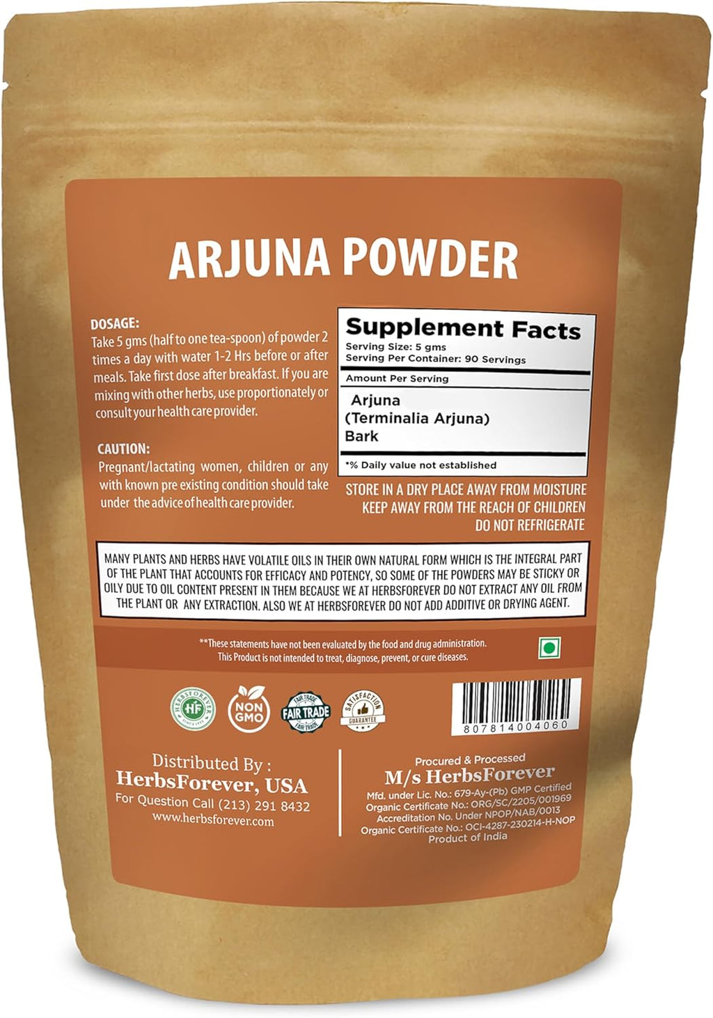 Arjuna Powder Terminalia Arjuna Non GMO, Vegan 454 GMS