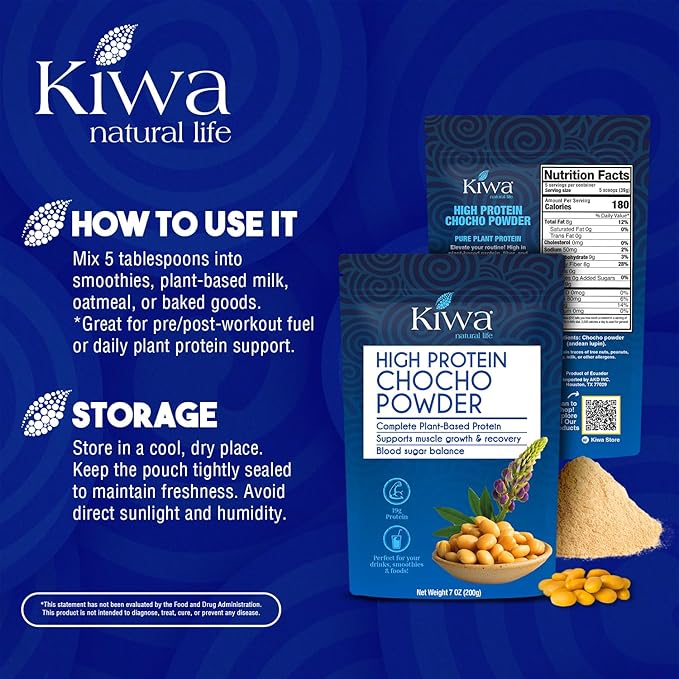Kiwa Chocho Powder 2-Pack – Complete Plant-Based Protein from Andean Lupin – Supports Muscle Growth, Recovery & Blood Sugar Balance – 7oz Bags