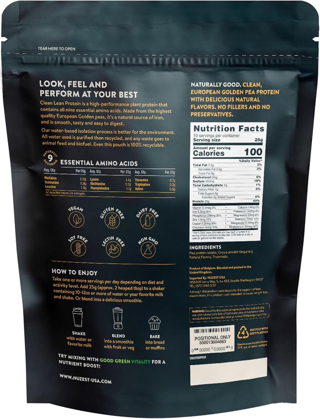 Nuzest - Vegan Pea Protein Powder - Clean Lean Protein, Premium Plant Based Protein Powder, Dairy Free, Gluten Free, GMO Free Protein Shake, Rich Chocolate, 8.8 oz