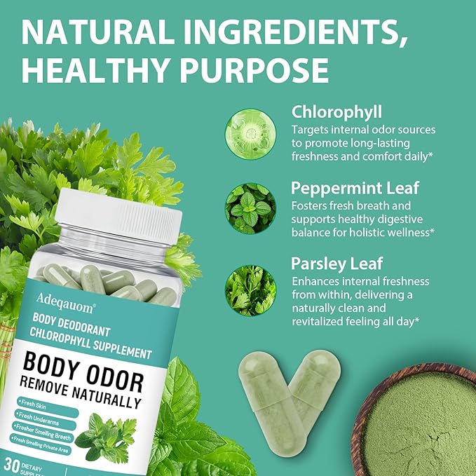 Chlorophyll Capsules Internal Body Deodorant Supplement for Women and Men for Gut Health, Fresh Breath, Skin Health, Detox & Digestion Support, Natural Odor Remove, Vegan, Non-GMO-30 Capsules