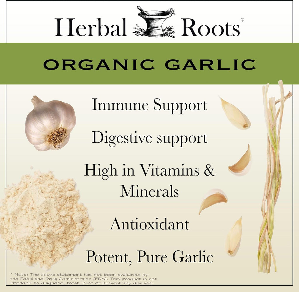 Herbal Roots Organic Whole Bulb Garlic Pills - Potent Extra Strength | 600 mg - 60 Organic Vegan Capsules