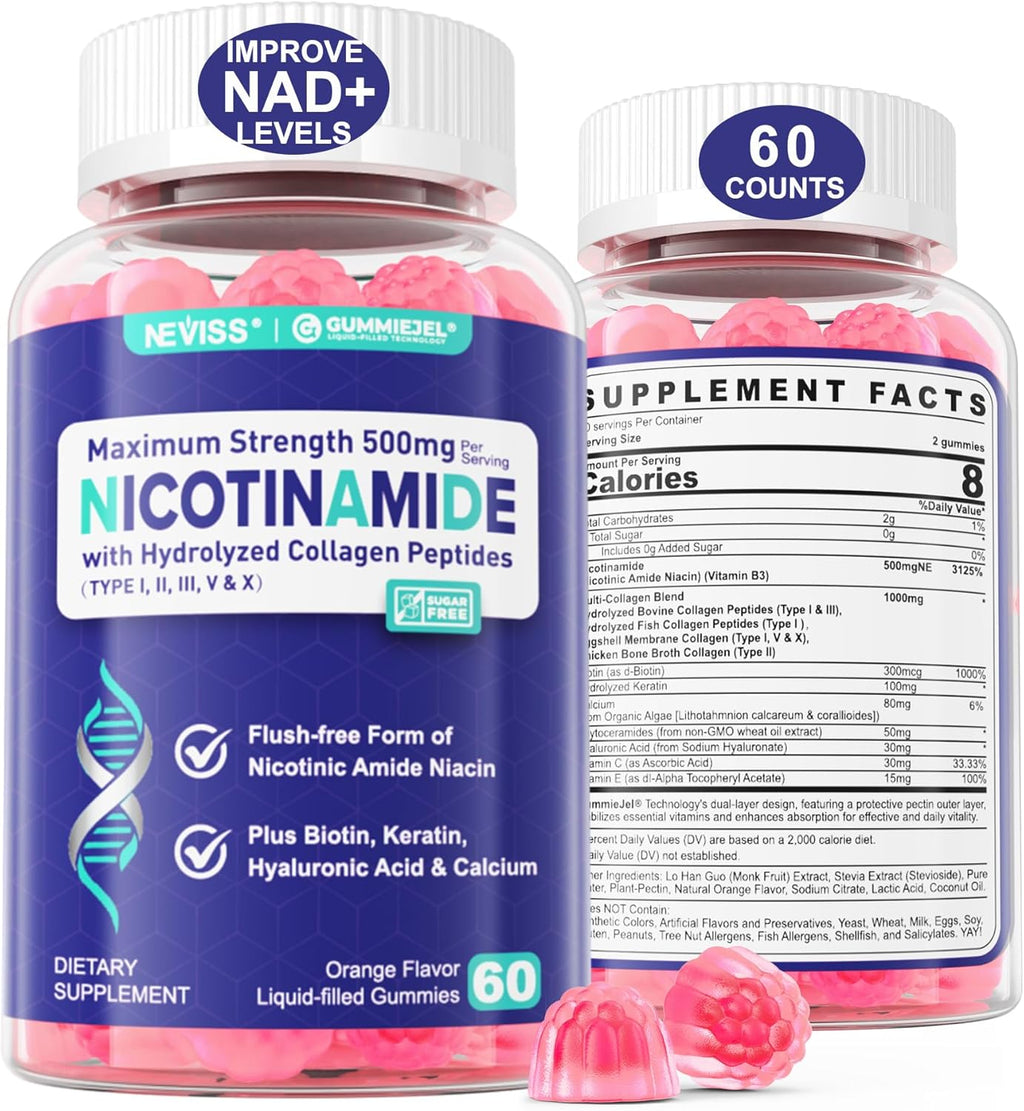Nicotinamide 500mg Gummies, NAD+ Supplement for Women & Men w/Collagen Peptides, (Flush Free Niacin) Vitamin B3 Niacinamide for Anti-Aging, NAD+ Levels, Longevity, Focus & Brain, Sugar Free, 60Cts