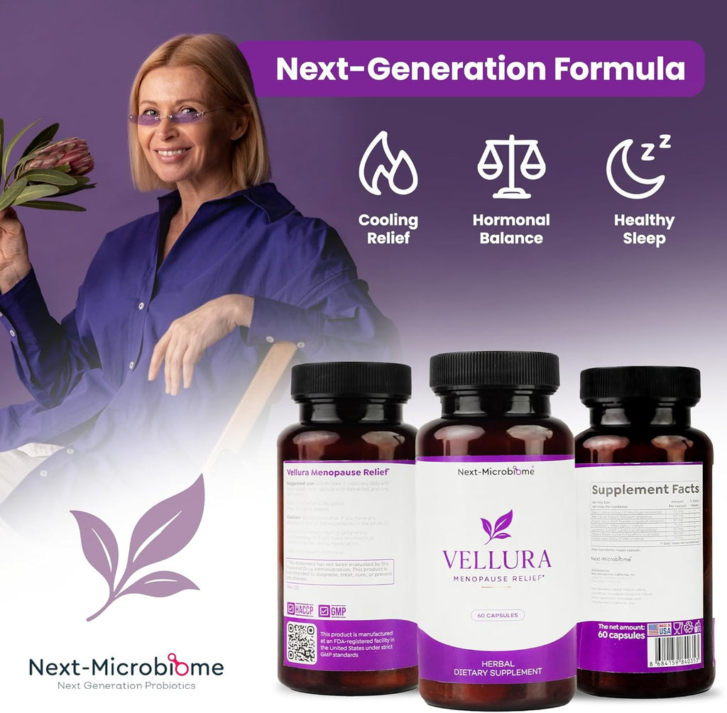 Vellura Menopause Relief - Advanced Herbal Supplement with Prebiotic Blend for Menopausal Support, Hot Flash Relief, Mood Stabilization - 60 Capsules