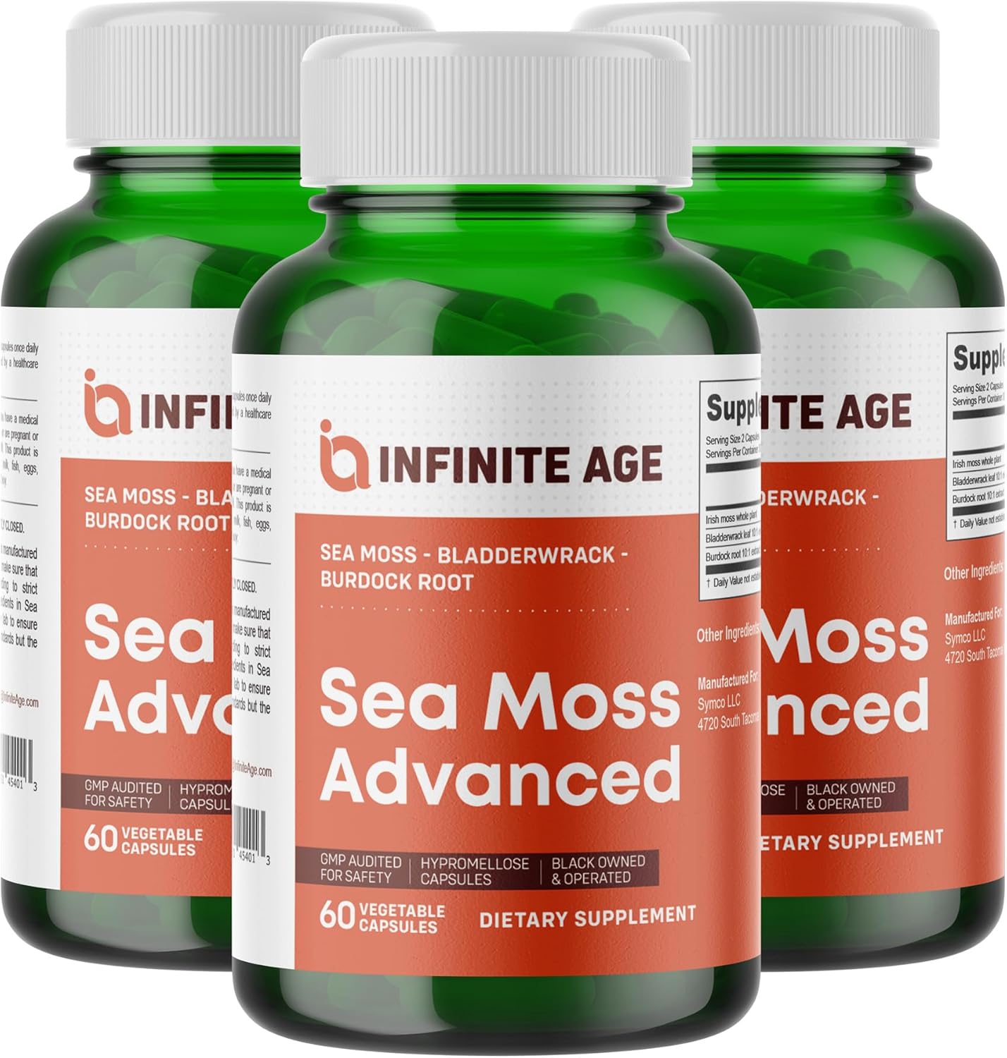 Infinite Age 3 Pack of 1250mg Sea Moss Advanced Superfood Capsules, 180 Count - High-Potency, Vegan, Made in The USA - Irish Seamoss, Bladderwrack, Burdock Root - Overall Health, Immunity Support