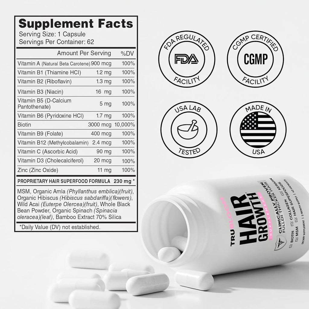 Tru Bloom Hair Growth Vitamins - 2 Month Supply. Clinically Proven to Grow Fuller, Thicker Hair. Drug-Free with Biotin, Collagen, Keratin, MSM, Zinc, D3 + Hair Superfoods
