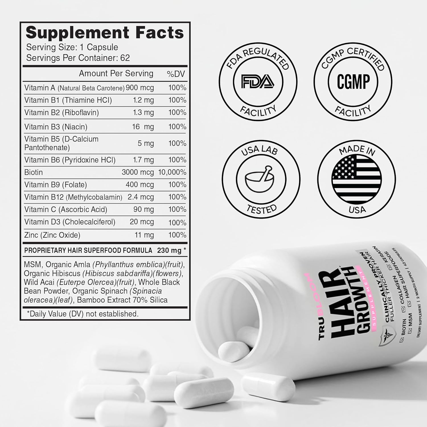 Tru Bloom Hair Growth Vitamins - 2 Month Supply. Clinically Proven to Grow Fuller, Thicker Hair. Drug-Free with Biotin, Collagen, Keratin, MSM, Zinc, D3 + Hair Superfoods