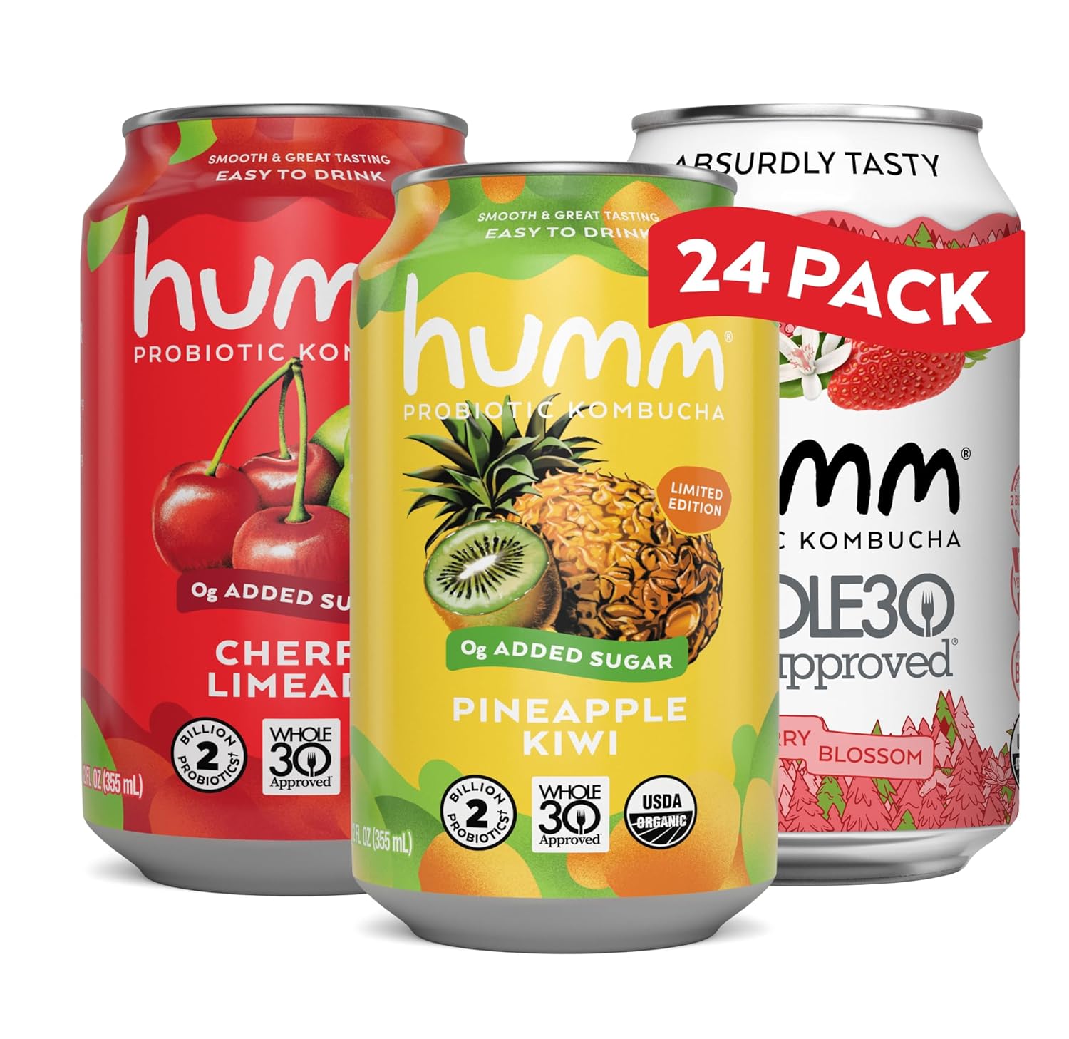 Humm Whole30 Approved Kombucha Seasonal Variety Pack, Strawberry Blossom, Cherry Limeade, Pineapple Kiwi, Organic, Vegan & GMO Free (24 Pack)
