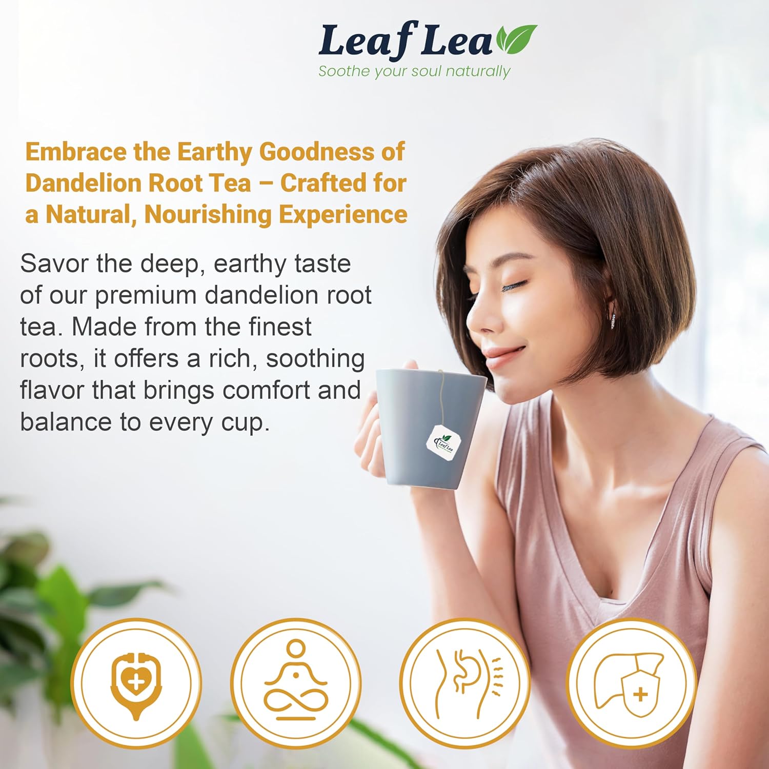 LeafLea Dandelion Root Tea Bags, 160 Dandelion Tea Bags, 100% Natural & Pure Dandelion Root, Caffeine-Free, Vegan, Gluten-Free, No Sugar, Sealed for Fresh Flavor, 4 Pack