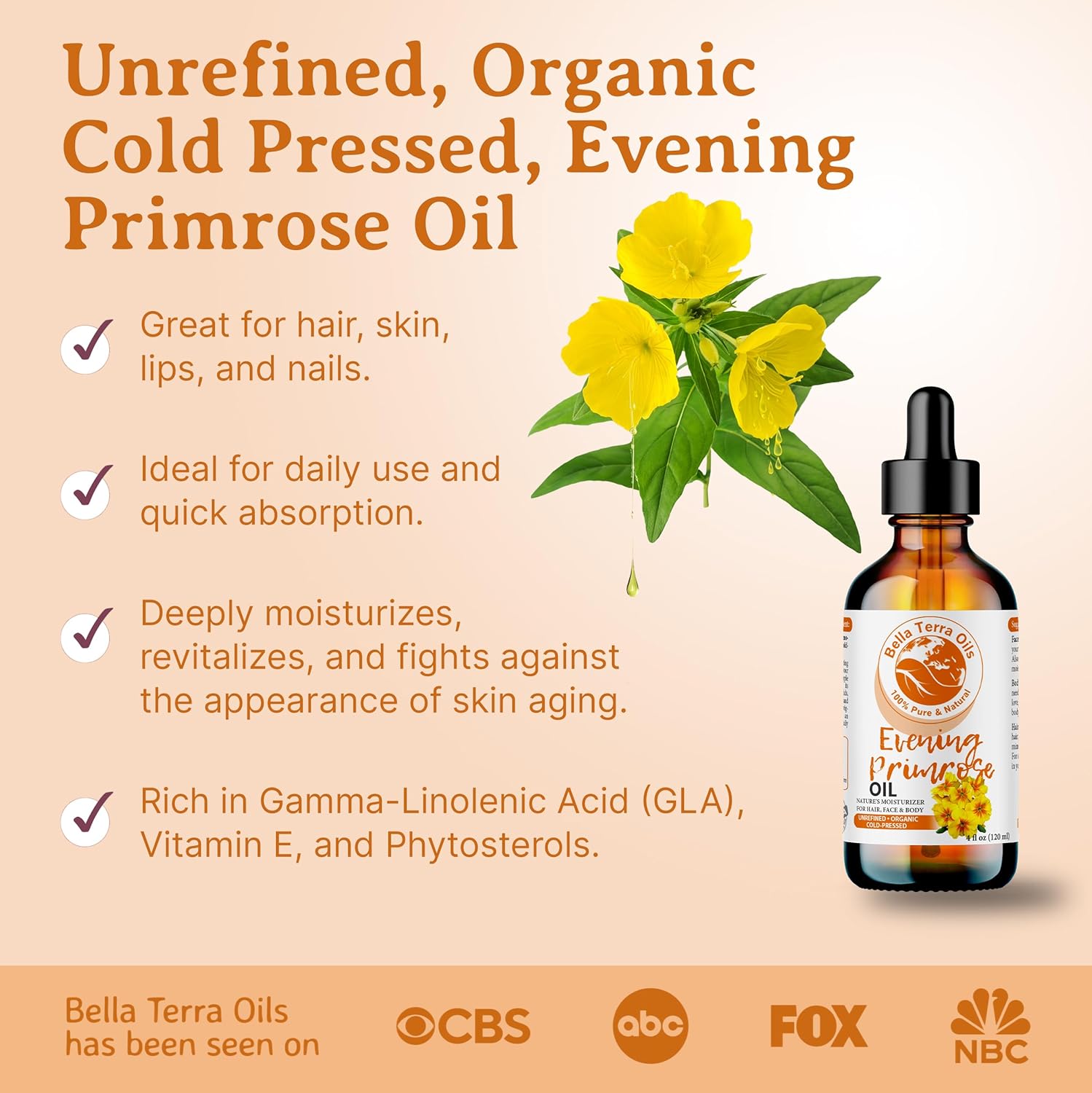 Bella Terra Oils - Organic Evening Primrose Oil 8 oz - Pure Primrose Extract, Enriched with GLA & Antioxidants, Perfect for Skin & Hair Nourishment