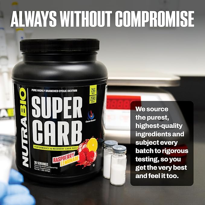 NutraBio Super Carb, Carbohydrate Powder with Cluster Dextrin & Electrolytes, Advanced Carb Supplement Powder for Workout Fuel,Performance, and Muscle Recovery,Cyclic Dextrin,Raspberry Lemonade, 30 Sv