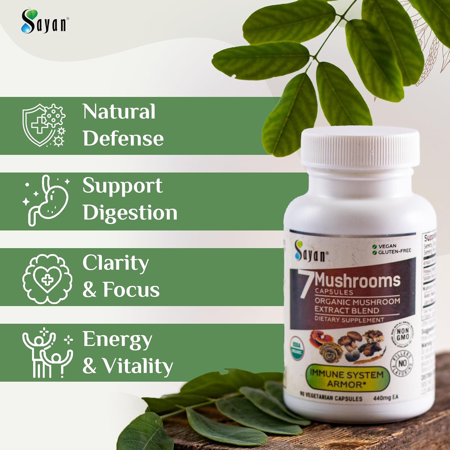 Sayan 7 Mushroom Extract 90 Capsules/440mg ea – Immune Support & Energy – Organic Chaga, Reishi, Lion's Mane, Maitake, Shiitake, Turkey Tail Adaptogen Blend – Vegan, Non-GMO, No Fillers or Additives