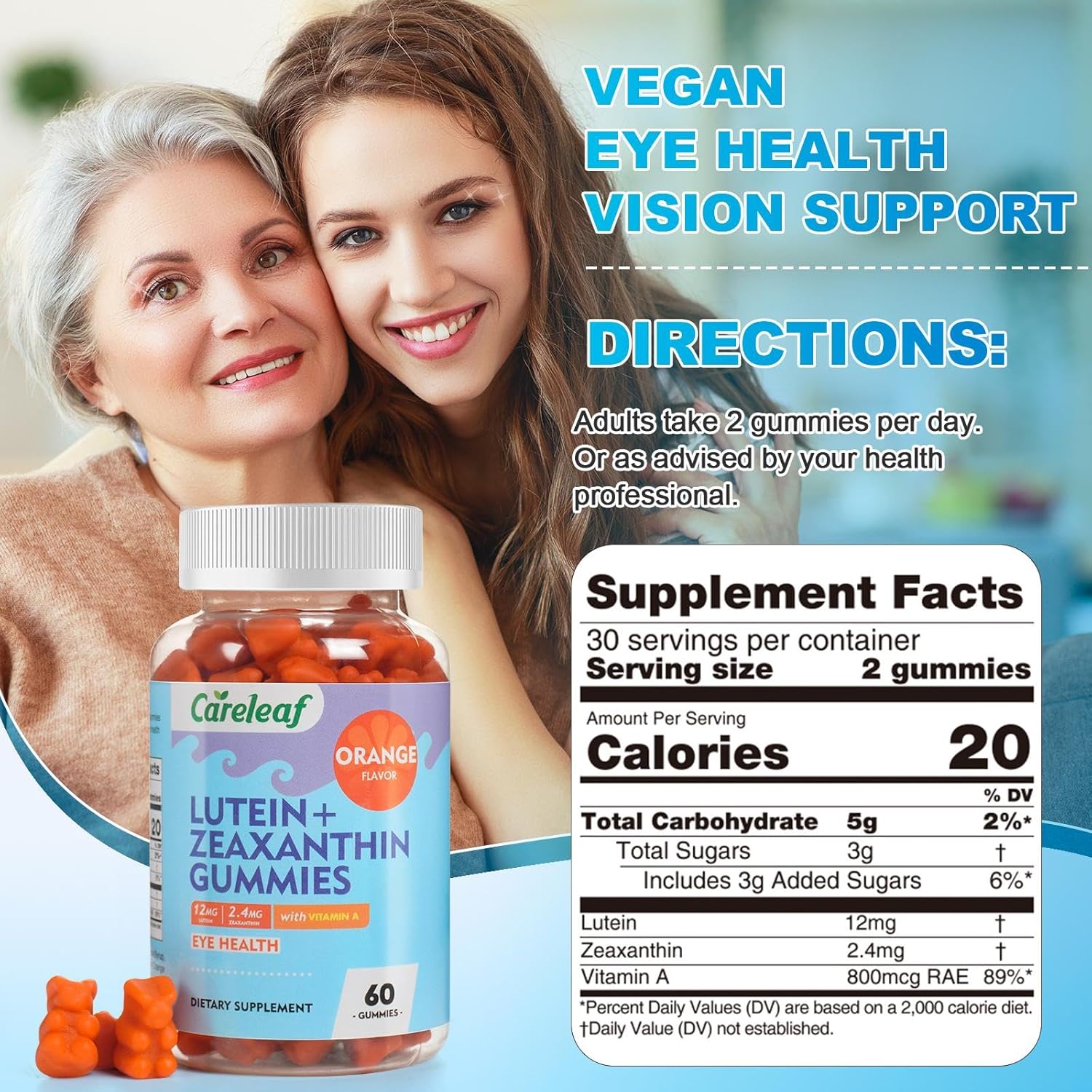 Vegan Lutein Gummies 12mg with Zeaxanthin and Vitamin A for Kids and Adults for Eye Health and Brain Function Supplement Orange Flavor