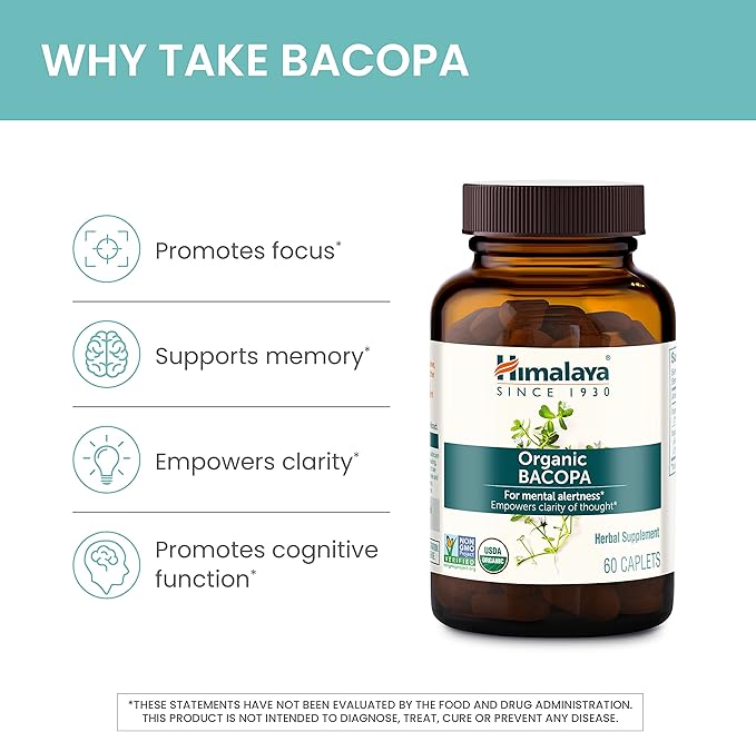 Himalaya Organic Bacopa - Bacopa Monnieri Herbal Brain Supplements for Memory and Focus Support - USDA Organic, Vegan, Non-GMO, Gluten Free, 750 mg, 30 Caplets