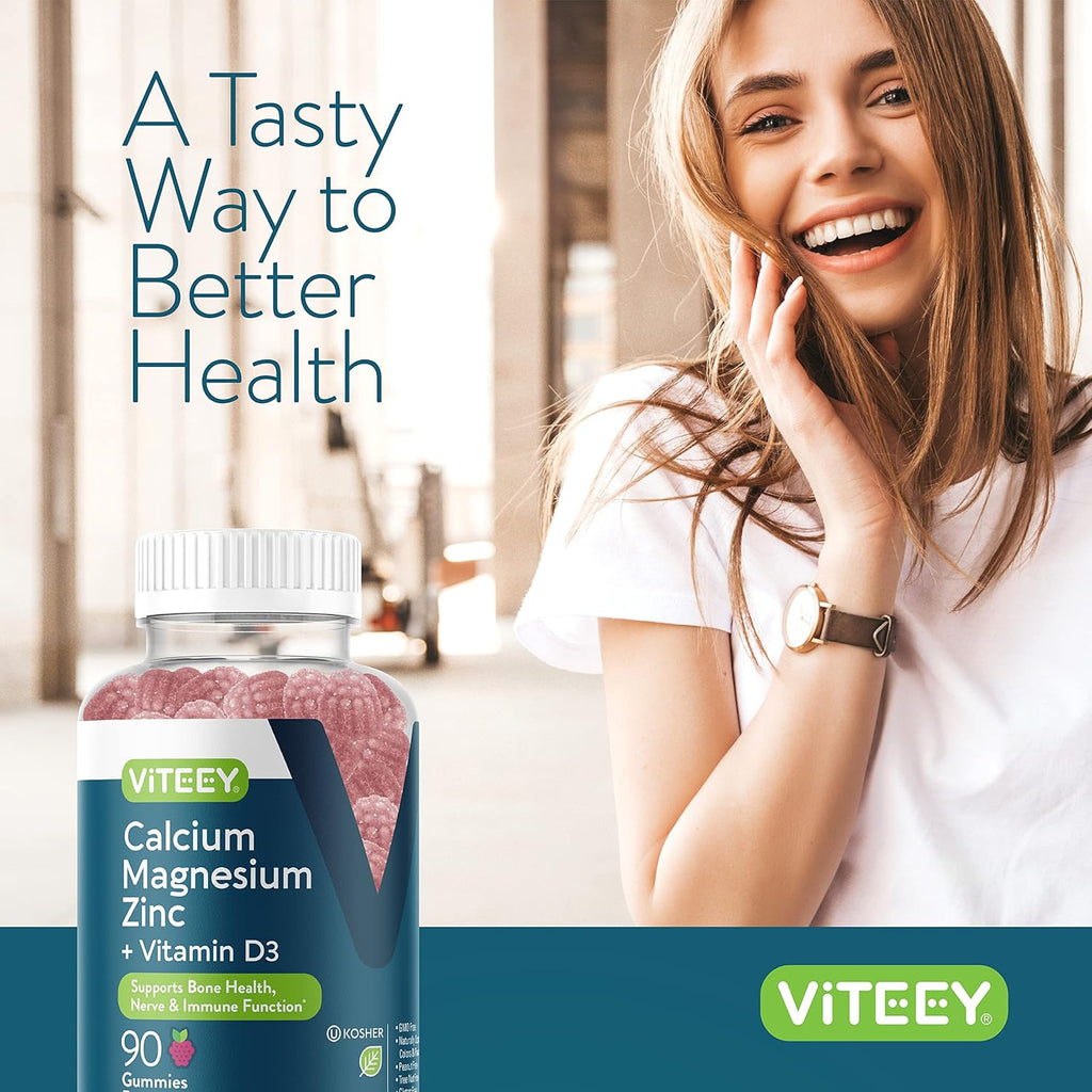 Viteey Calcium Magnesium Zinc Gummies with Vitamin D3 - Supports Bone Health, Nerve & Immune Function - Calcium Magnesium Zinc D3 for Adults & Teens - GMO Free - Chewable Raspberry Flavored Gummy