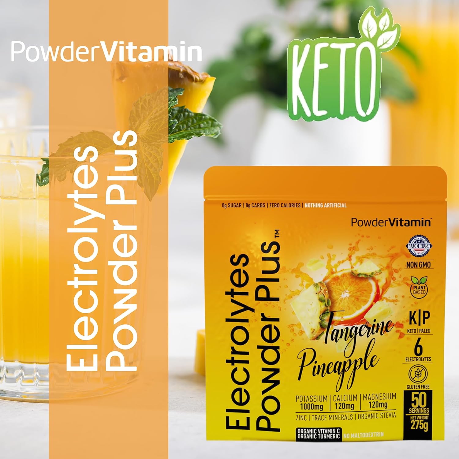 PowderVitamin Electrolytes Powder Plus (50 Servings) Tangerine Pineapple Electrolyte Powder 0 Calorie Keto, 0 Sugar, No Maltodextrin,1000mg Potassium,120mg Calcium,120mg Magnesium, Hydration Powder