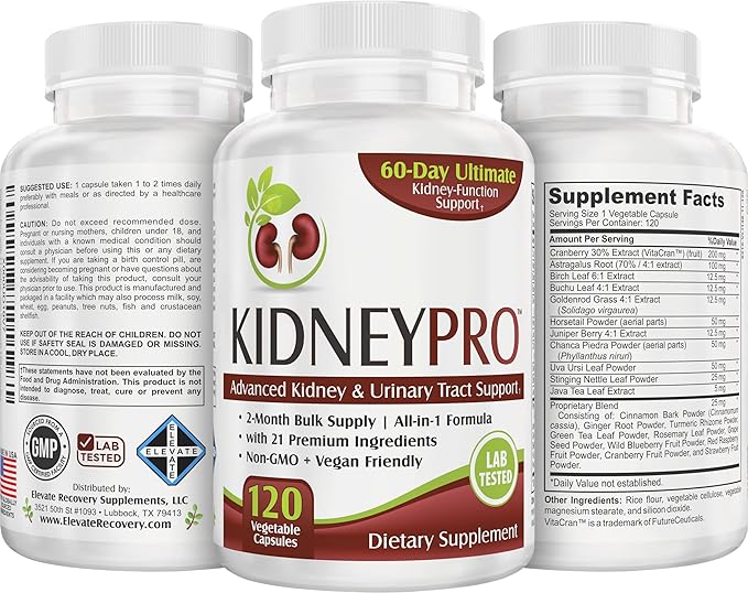 Kidney-Pro: with 21 Kidney Health Supplements in 1 Formula | All-in-1 Kidney Support Supplement | 2-Month Bulk Supply | 120 Capsules