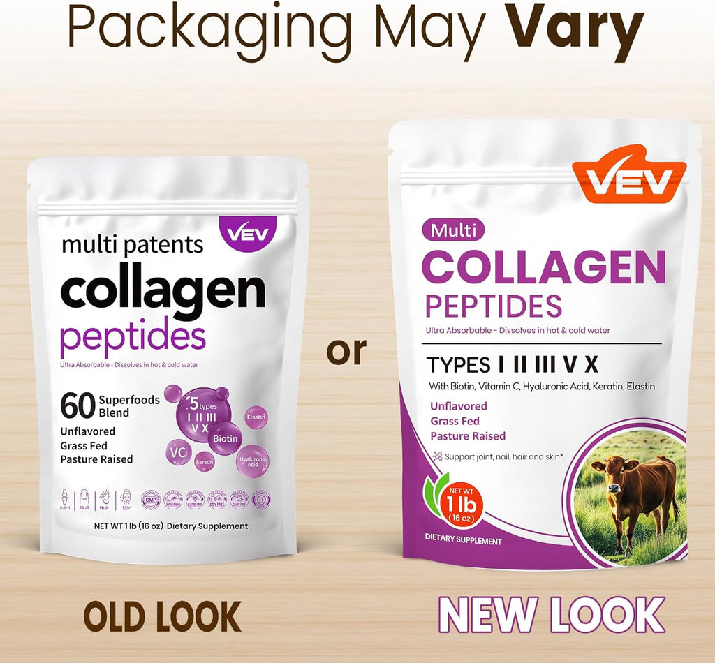 VEV Multi Collagen Peptides Powder, 16 oz (41 Servings) – Type I, II, III, V, X, Hydrolyzed Collagen, Hyaluronic Acid Power, Biotin, Vitamin C, Supports Skin, Unflavored, Dissolves Easily