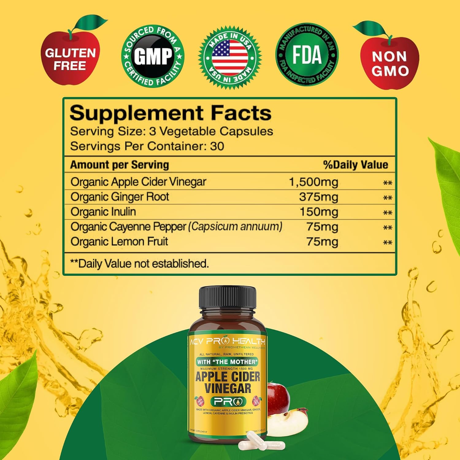 ACV Pro Apple Cider Vinegar Capsules Certified Organic with Mother ACV Pills Detox Cleanse Acid Reflux Relief Support Supplement Ginger Root Cayenne Pepper Powder
