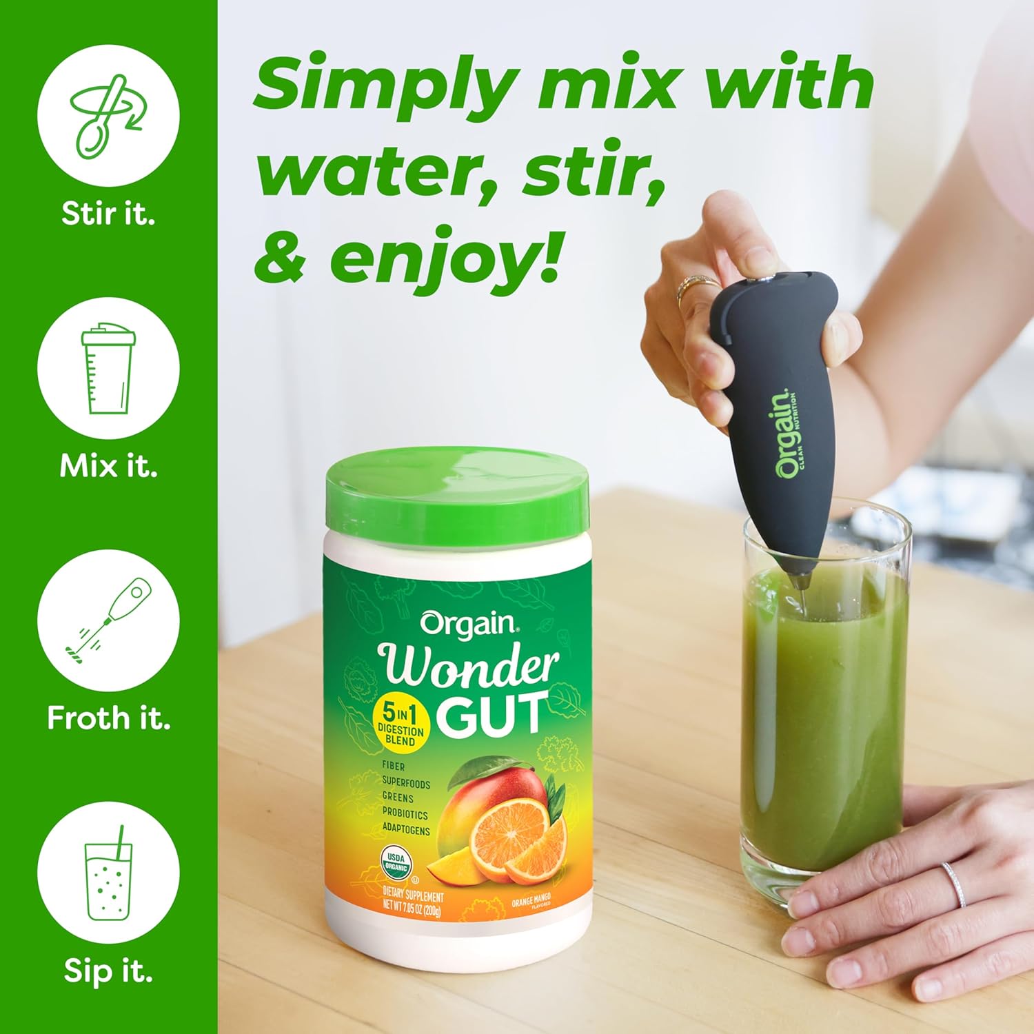 Orgain Organic Wonder Gut Fiber Supplement Powder, 5 in 1 Blend with 1 Billion Probiotics, Greens, Vitamin C, Adaptogens for Gut Health and Immune Support, Non-GMO, Orange Mango, 7.05 oz