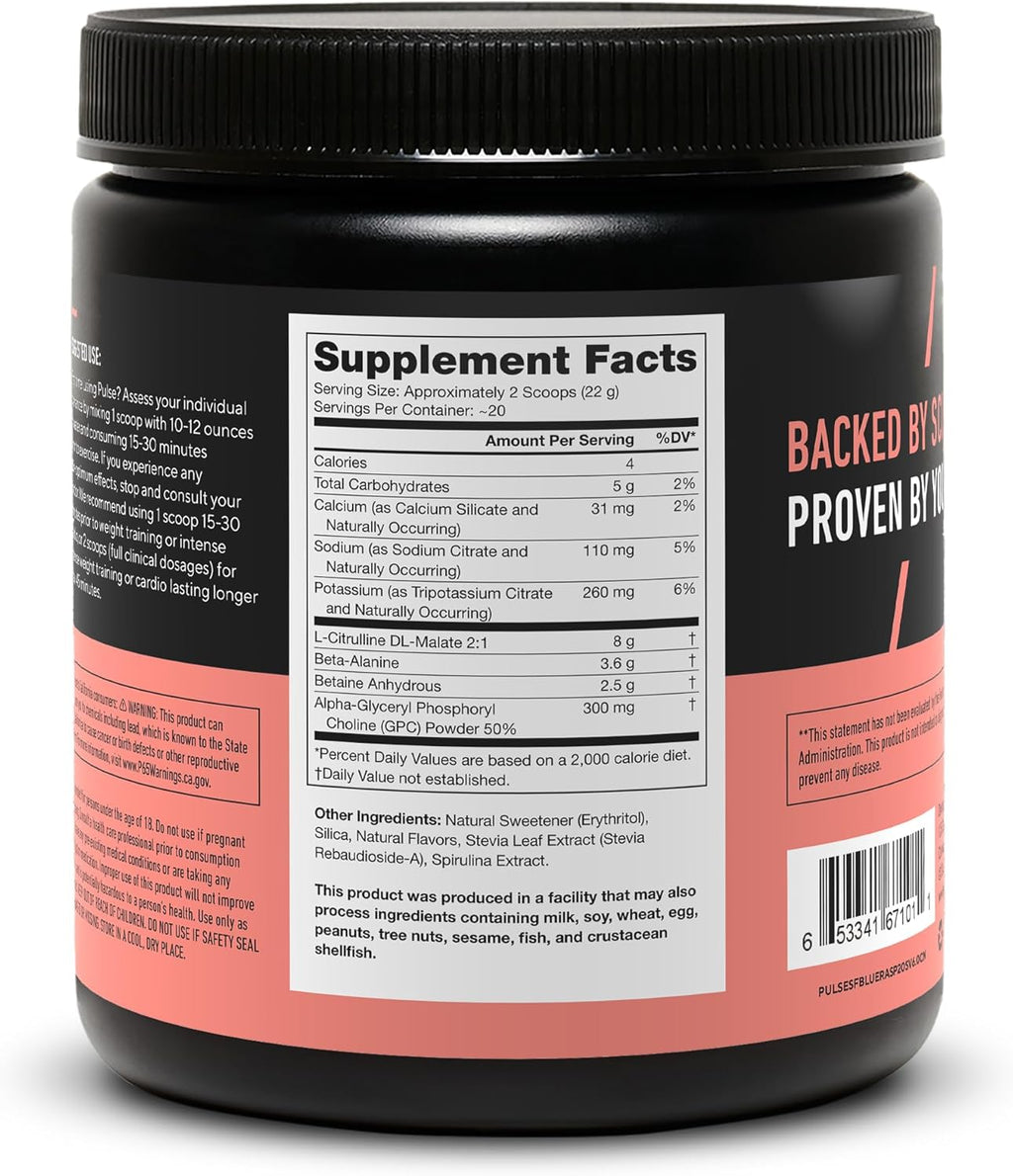 LEGION Pulse Pre Workout Supplement - All Natural Nitric Oxide Preworkout Drink to Boost Energy, Creatine Free, Naturally Sweetened, Beta Alanine, Citrulline, Alpha GPC (Caffeine Free Blue Razz)