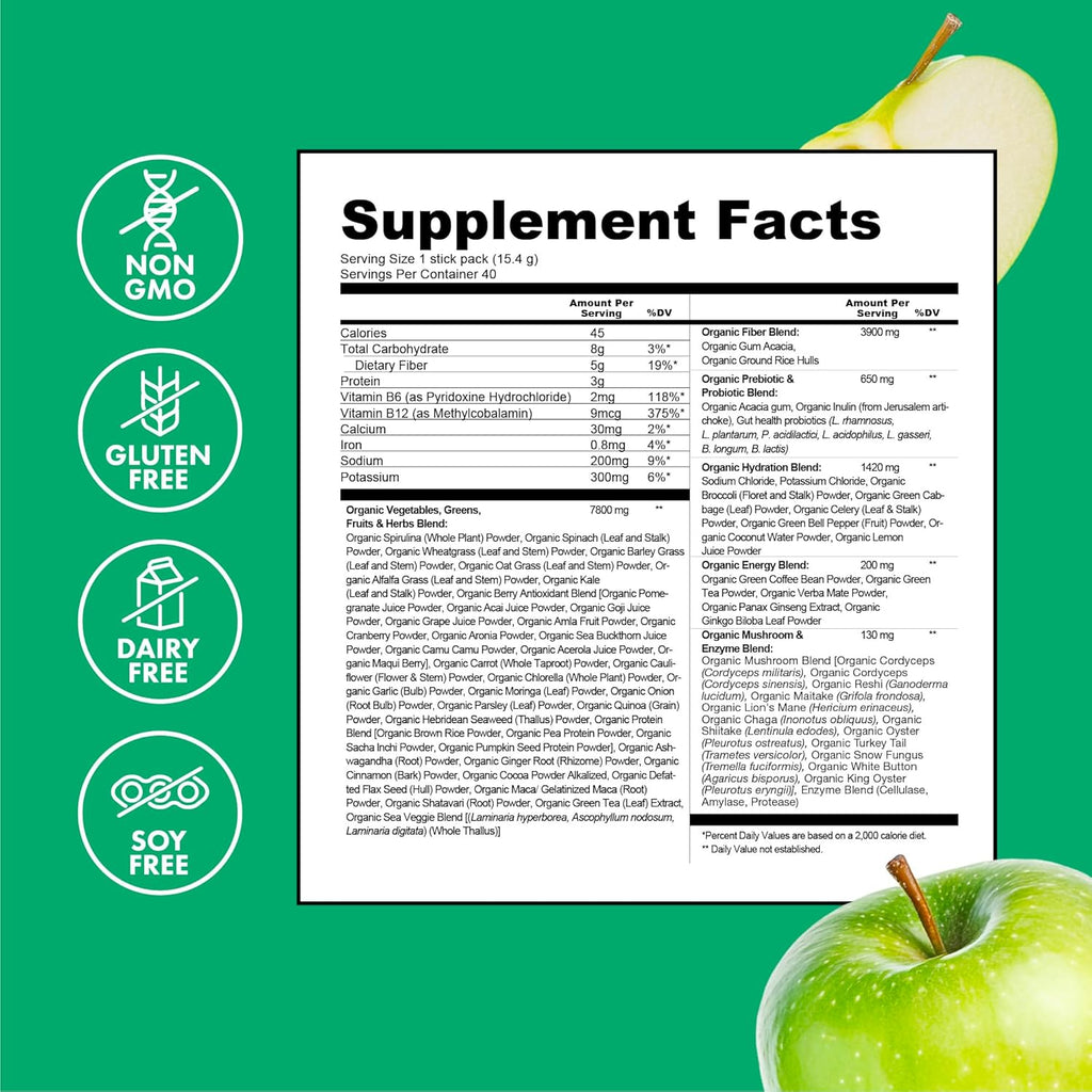 Zena Nutrition Organic Super Greens Energy & Hydration Powder, 70+ Superfoods, 0 Sugar, 5G Fiber, Spirulina, Chlorella, Prebiotics/Probiotics, Natural Caffeine + Electrolytes, 40 Drink Mix Packets
