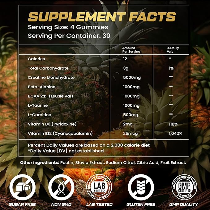 Creatine Monohydrate Gummies for Men & Women, 9000MG Creatine Gummies Sugar Free with L-Taurine, BCAA 2:1, B12 B6 for Boost Strength, Focus & Endurance, Vegan, Non-GMO, Pineapple 120*2 Bottle