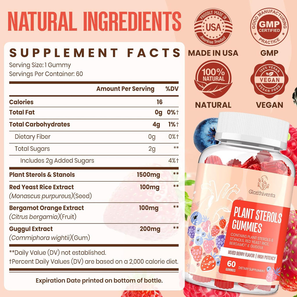 Cholesterol Supplement with Plant Sterols & Stanols, Guggul, Bergamot Orange Extract, Red Yeast Rice, Plant Sterols Complex Gummies, Mixed Berry Flavor, 60 Counts