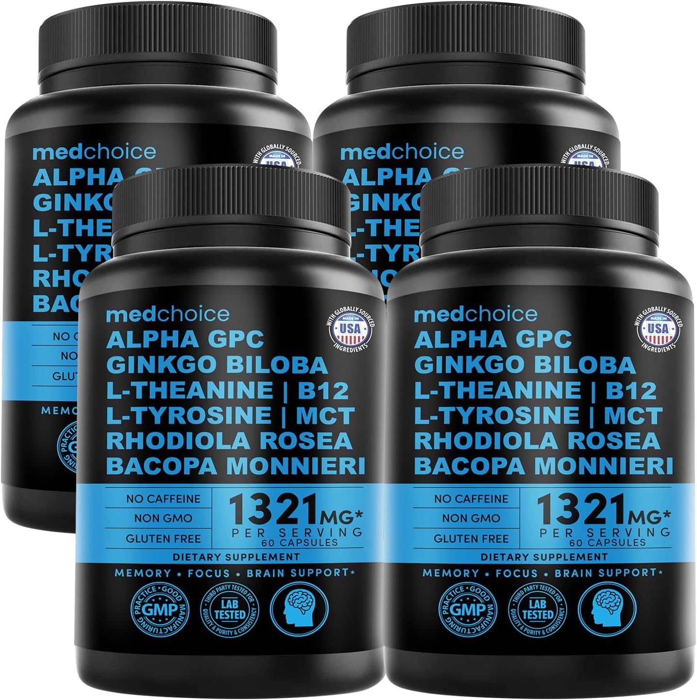 MEDCHOICE 12-in-1 Nootropic Ginkgo Biloba for Brain Support, Memory and Focus - B12, Alpha GPC, L Theanine and Choline Supplements with Bioperine Non Caffeinated 1321mg (240ct)