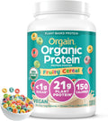 Orgain Organic Vegan Protein Powder, Fruity Cereal - 21g Plant Based Protein, 8g Prebiotic Fiber, Low Net Carb, No Lactose Ingredients, No Added Sugar, Non-GMO, For Shakes & Smoothies, 2.03 lb