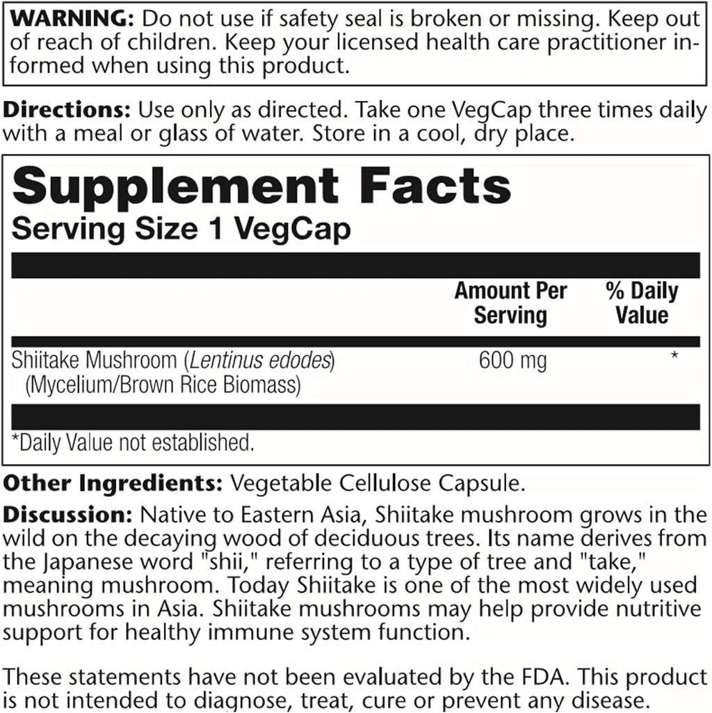 SOLARAY Shiitake Mushroom 600 mg | 100 Count
