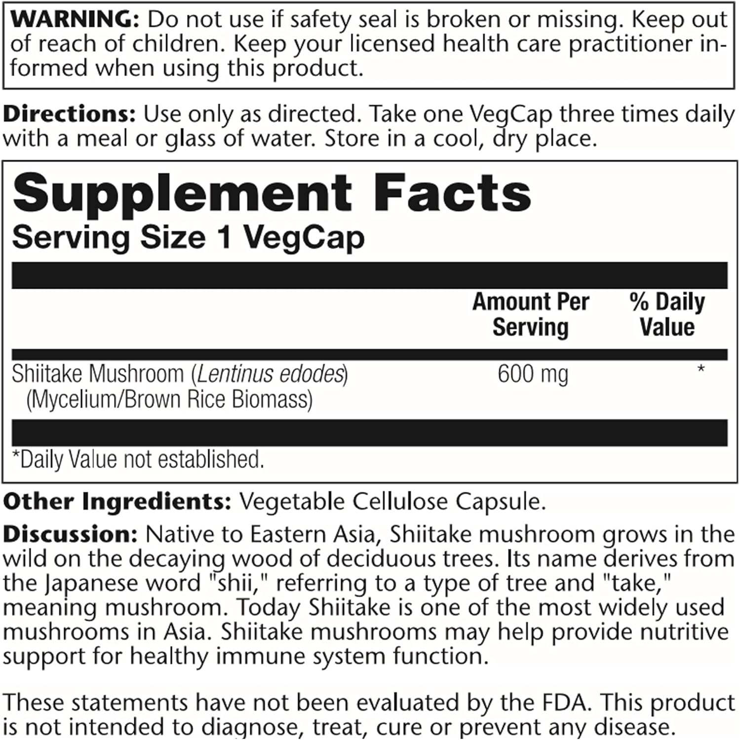 SOLARAY Shiitake Mushroom 600 mg | 100 Count