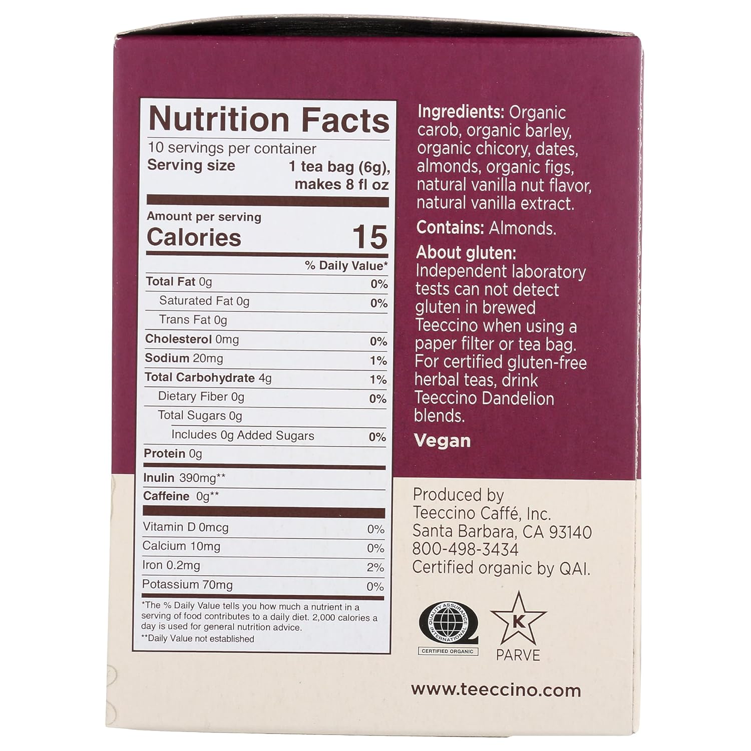 Teeccino Vanilla Nut Herbal Tea - Rich & Roasted Herbal Tea That’s Caffeine Free & Prebiotic for Natural Energy, 10 Tea Bags (Pack of 6)