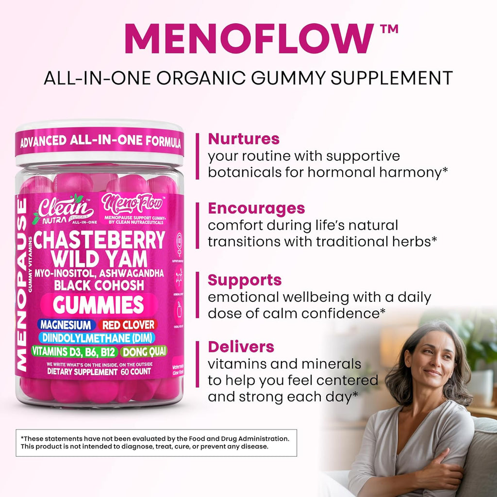 Clean Nutra Chasteberry Wild Yam Menopause Gummies Inositol Black Cohosh Magnesium Red Clover DIM Supplement B6 Magnesium Glycinate Glycine Vitex Hormone Balance for Women Gummy Vitamins 60 Count