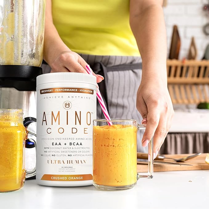 Ultra Human Amino Code | Essential Amino Acids + BCAAs + Coconut Water Electrolytes | Fast Hydration Workout Recovery Flavored Amino Energy Powder Drink | Clean Formula, 40 Servings - Crushed Orange