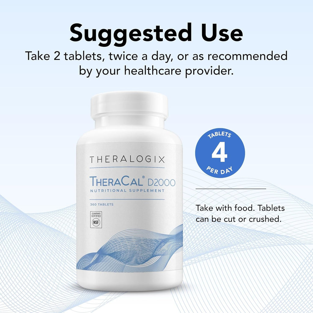 Theralogix TheraCal D2000 - Bone Health Support Supplement with Calcium, Magnesium, Vitamin D3, Vitamin K2 & Boron* - 90-Day Supply - NSF Certified - 360 Tablets