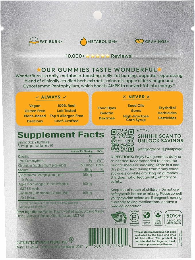 Plant People WonderBurn Metabolism & Cravings Control Gummies, Zero Sugar, Ripe Mango Flavor (60 Count)