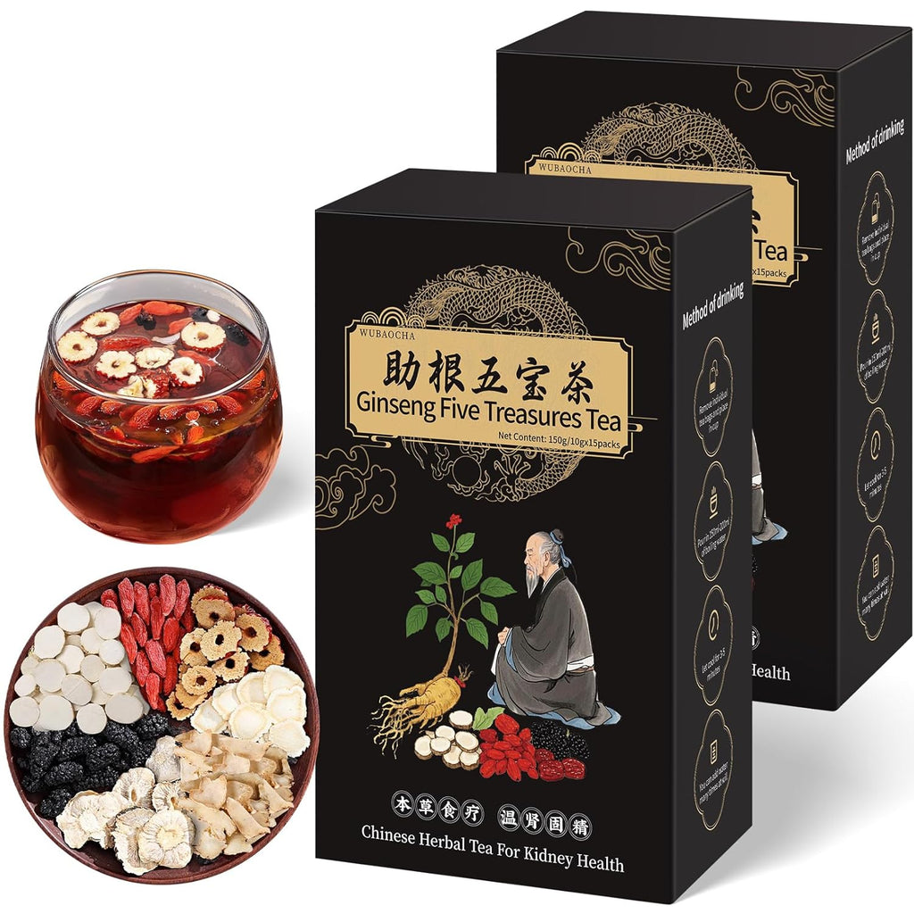 Ginseng Five Treasures Kidney Tea, Chinese Ginseng Six Treasure Tea Cleanse Detox TeaBags for Women and Men's Kidney Health, 7 Precious Ingredients Formula (30 Bags/2 Boxes)