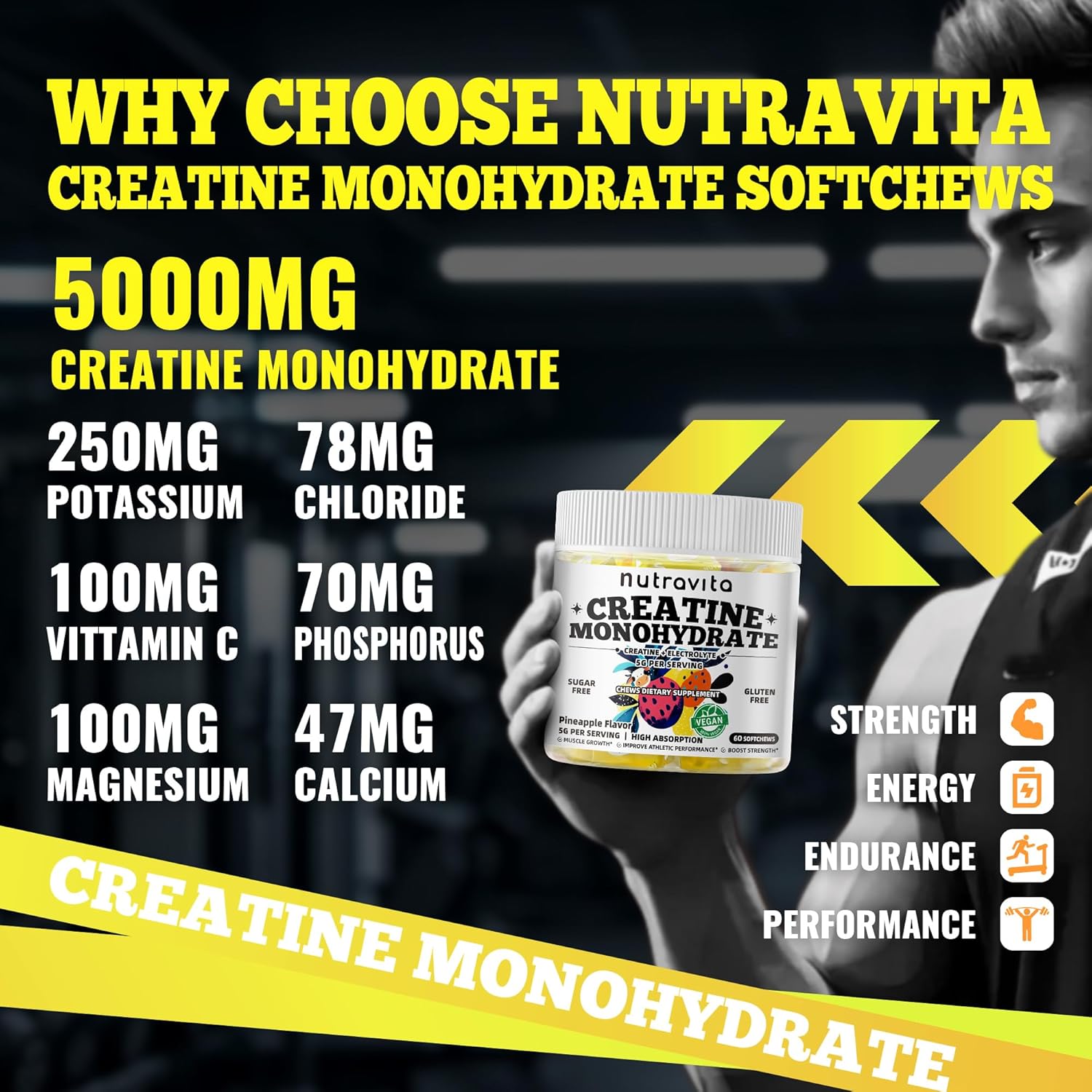 Creatine Monohydrate Chews (5g) – Pre-Workout Energy & Muscle Growth Support for Men & Women | Pineapple Electrolyte Gummies (60 Count)