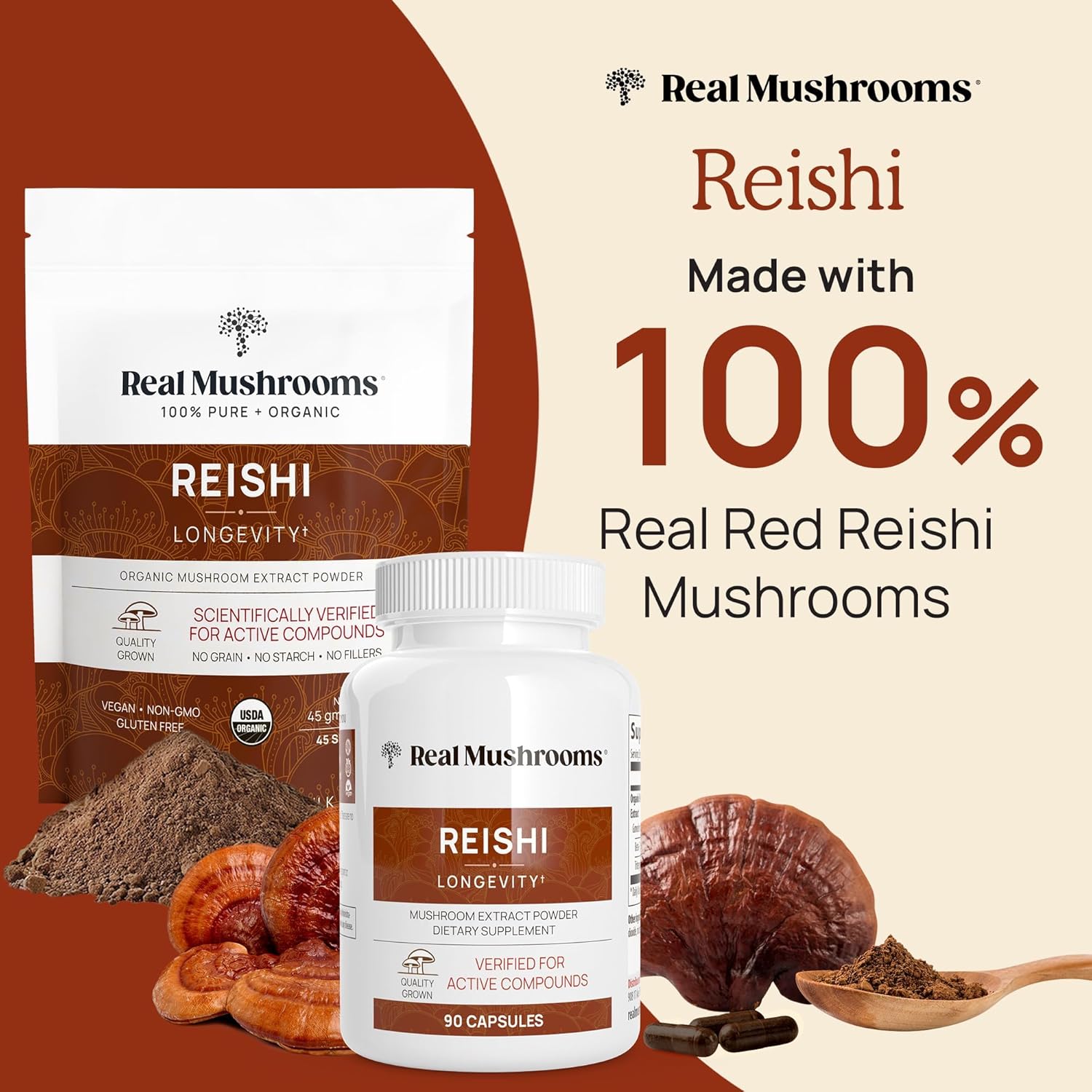 Real Mushrooms Reishi Mushroom Capsules - Handpicked Organic Mushroom Extracts - Red Reishi for Tranquil Daily Wellness with Verified Beta Glucans Vegan, Non-GMO, No Grain Fillers, 200 ct