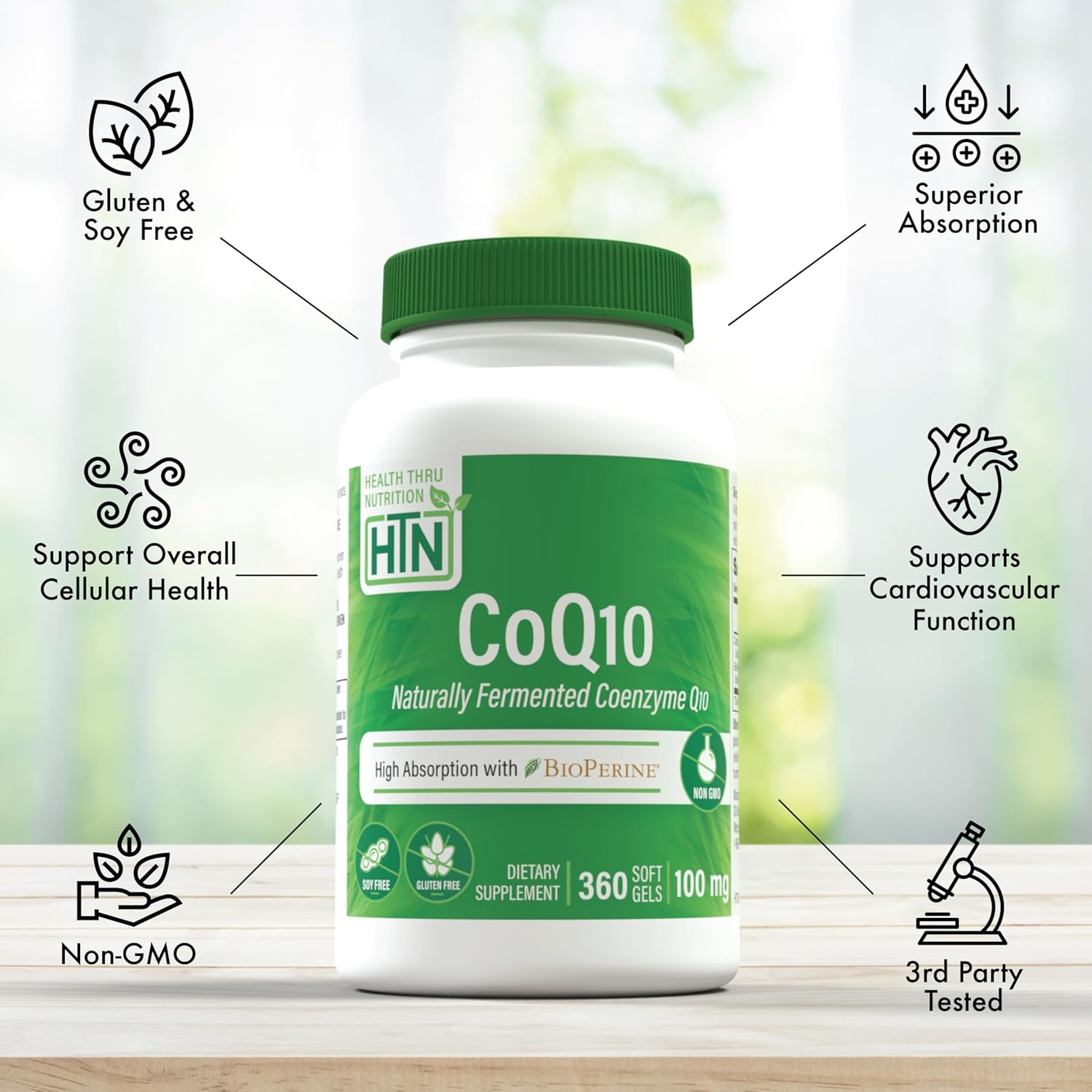 Health Thru Nutrition CoQ-10 100mg with BioPerine 360 Softgels | High Absorption Naturally Fermented USP Grade Coenzyme Q10 Supplement | 3rd Party Tested | Heart Health and Energy Support