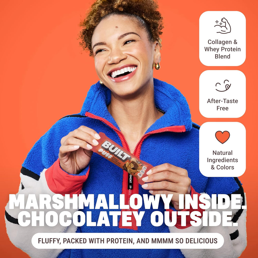 BUILT Bar, Puff Protein Snack Bars, Peanut Butter Cup, On-The-Go Bars, 17g Protein, Only 150 Calories, 6g Sugar, Plus Collagen, Gluten Free, 12 Count