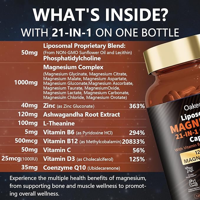 2 Packs Liposomal 12 Active Types Magnesium Complex 1400mg (Glycinate,Citrate,Malate etc) Capsule - with Vitamin D3, B6, B12, Ashwagandha & CoQ10 for Adult-Support Relaxation,Muscle & Heart